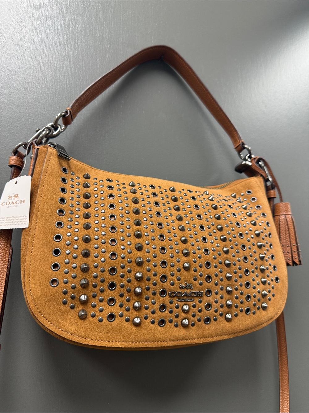 COACH Chelsea Tan Suede Studded Shoulder Bag with Box and Dust Bag